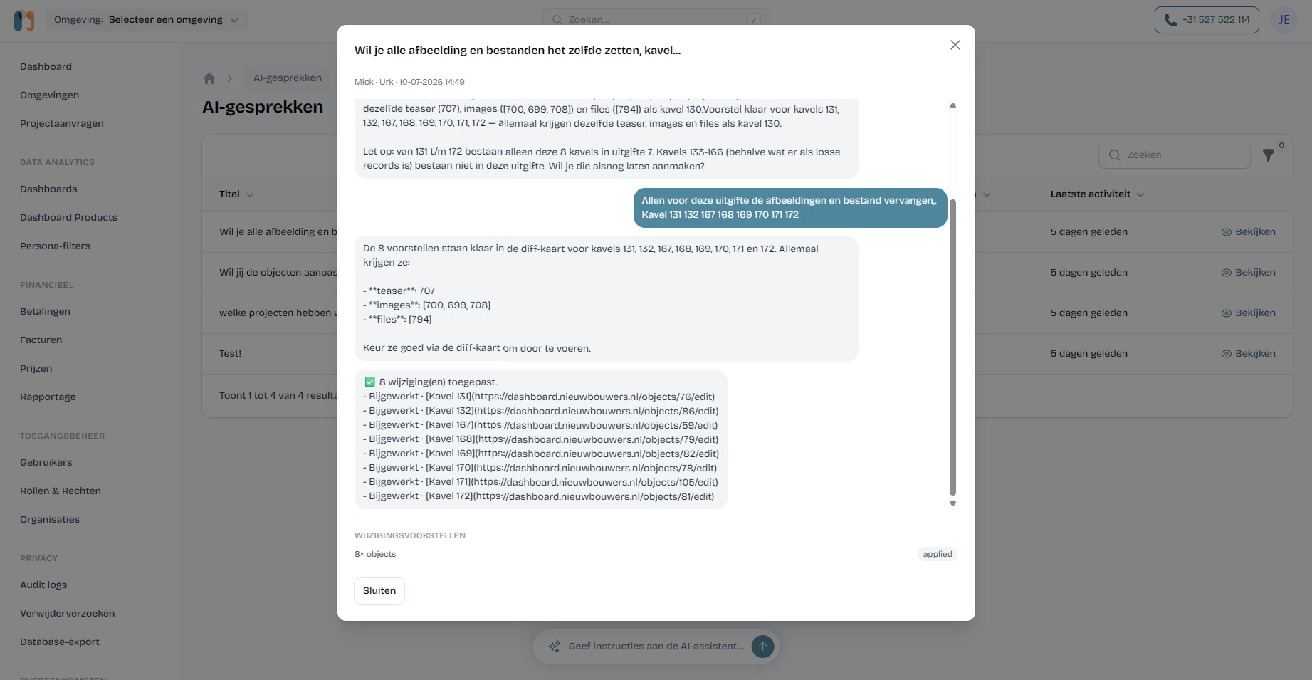 An AI conversation in the admin showing a bulk edit: eight change proposals in a diff card, then eight applied changes with links to each updated plot.