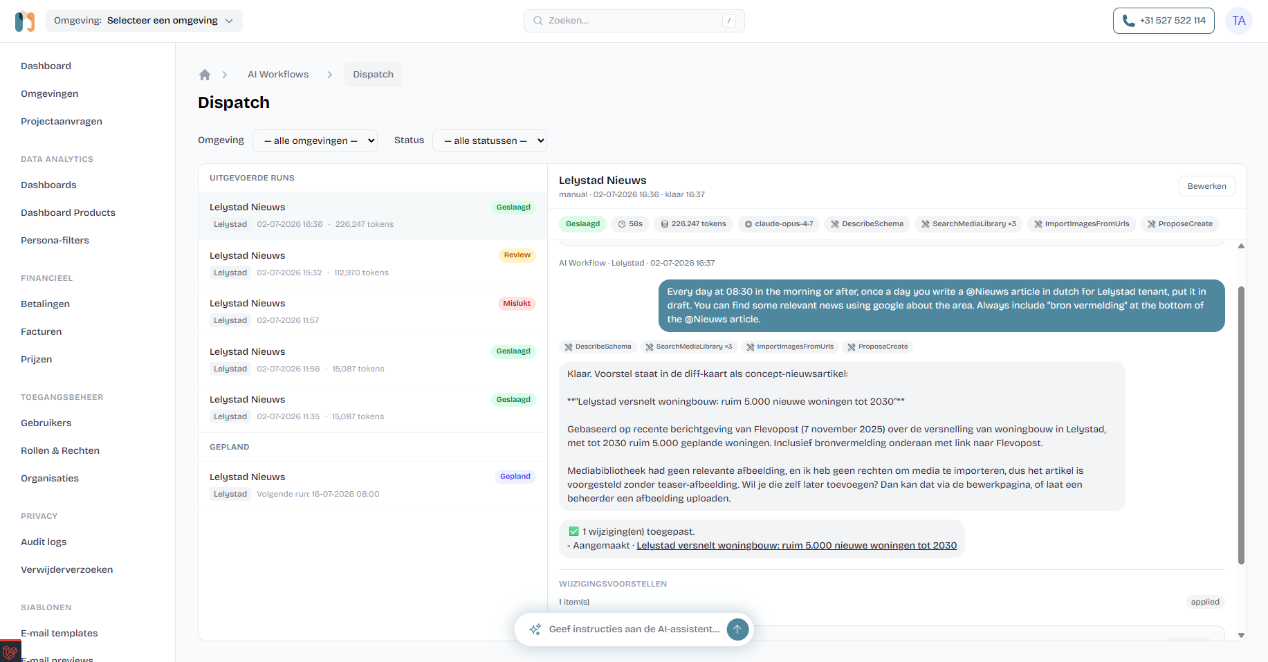 A workflow run detail in the Dispatch board: the scheduling prompt, the tools called, 56 seconds runtime, 226,247 tokens on claude-opus-4-7, and the resulting draft news article with source attribution.