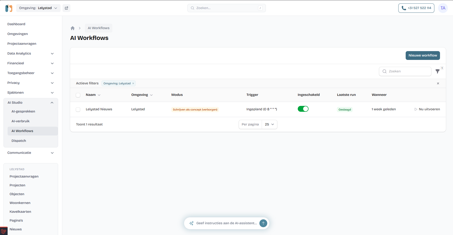 The AI Workflows list: a workflow named Lelystad Nieuws with mode 'write as draft (hidden)', a daily 08:00 schedule, an enabled toggle and a run-now button.