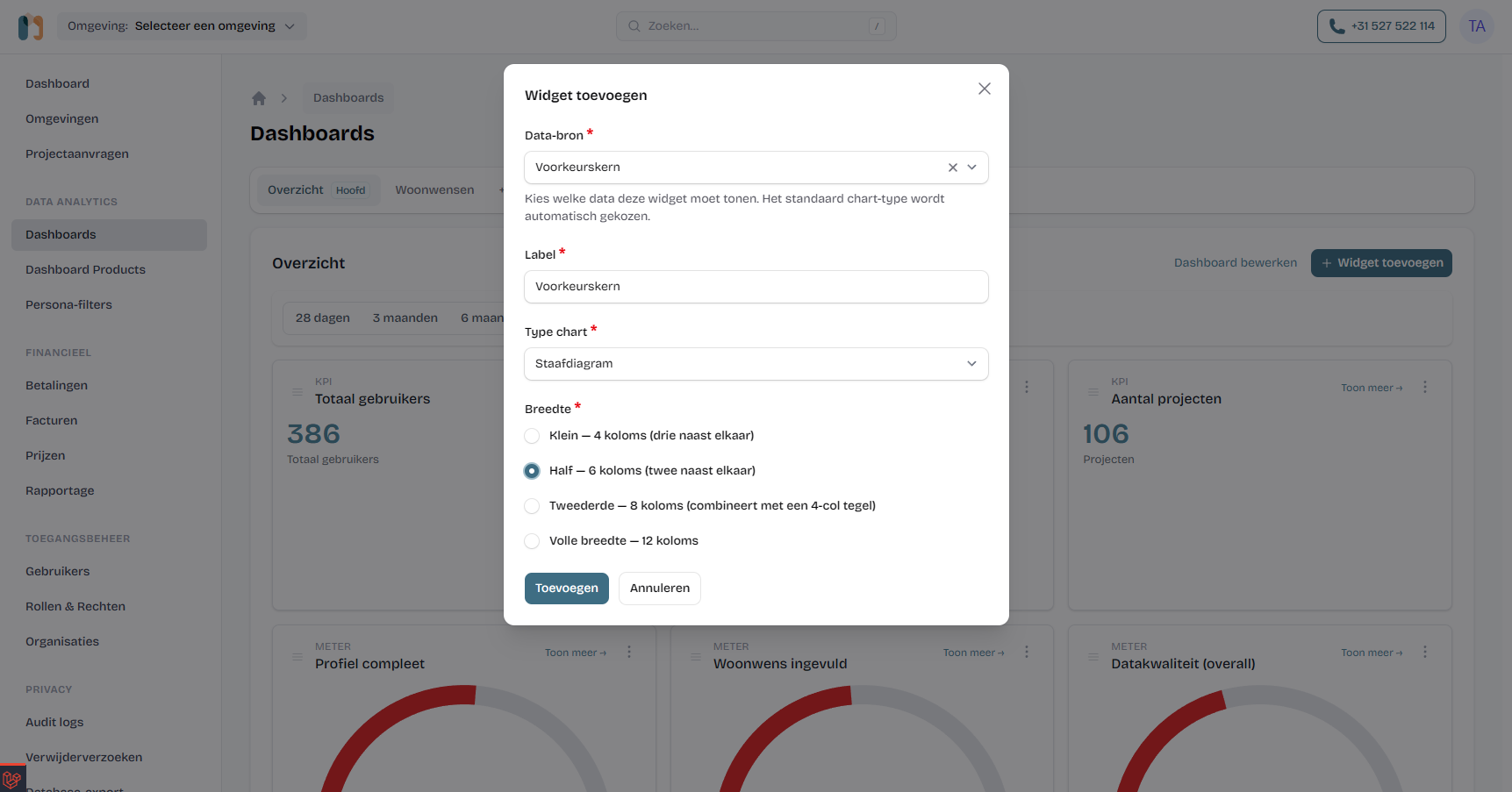 The add-widget dialog: pick a data source, label, chart type and width — the default chart type is chosen automatically.