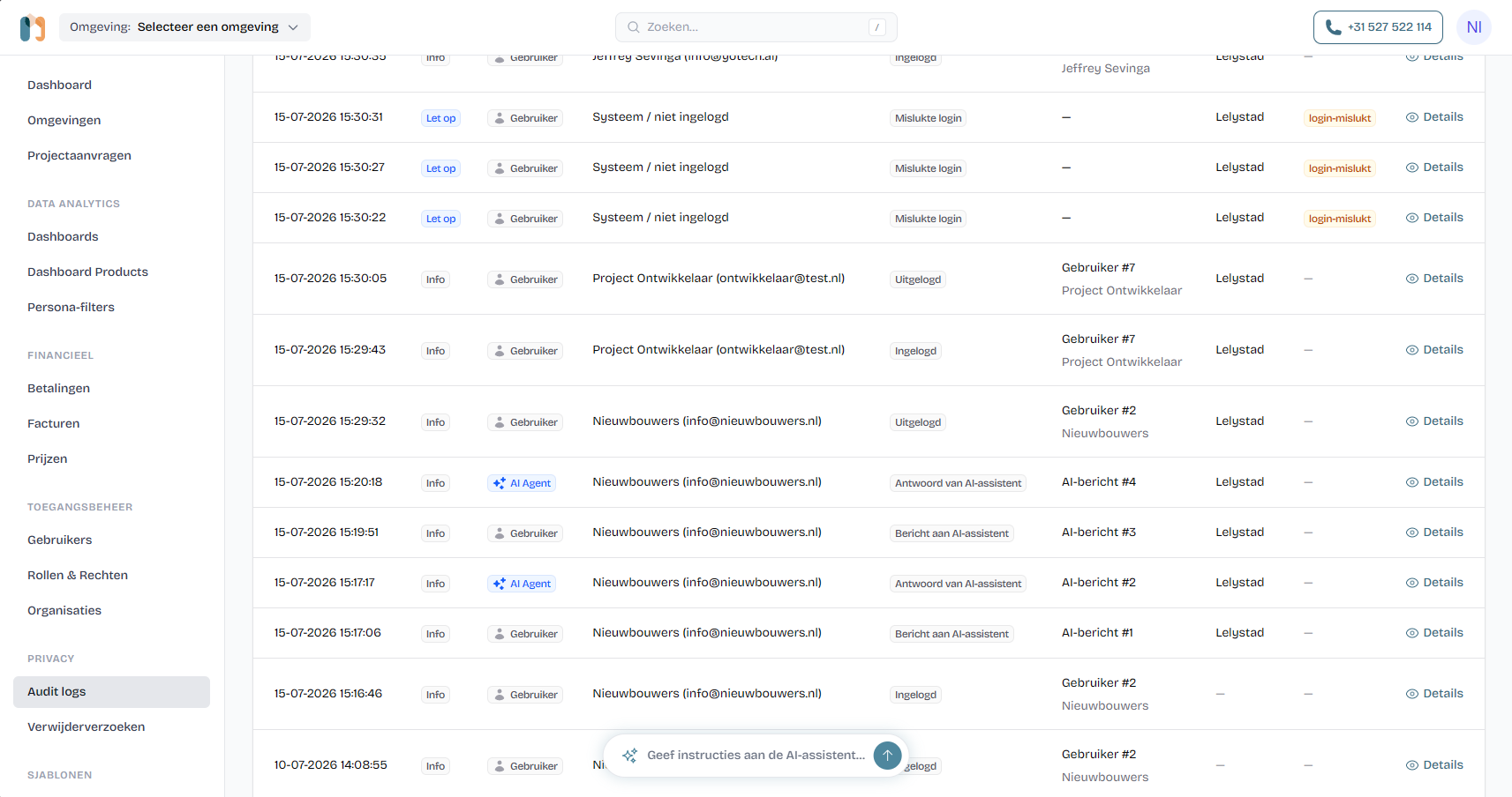 The audit log: user logins, flagged failed logins, and AI assistant messages and answers, each tagged with severity and environment.